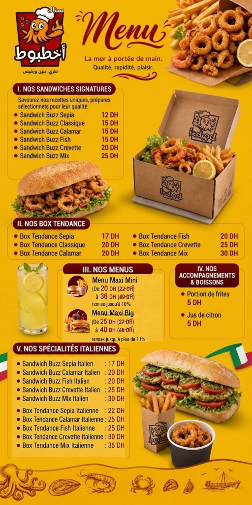 Carte Okhetobot — sandwiches Buzz, box, italiennes, menus Maxi
